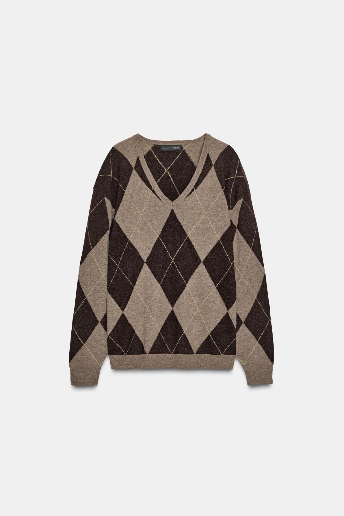 자라 아가일 패턴 울 브이넥 니트 스웨터 9598/174 BROWN / TAUPE - 상품 이미지