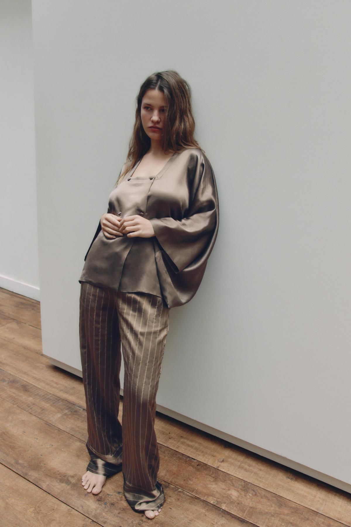 자라 실키 스트라이프 파자마 와이드 팬츠 9466/847 CAMEL - 상세 이미지 2