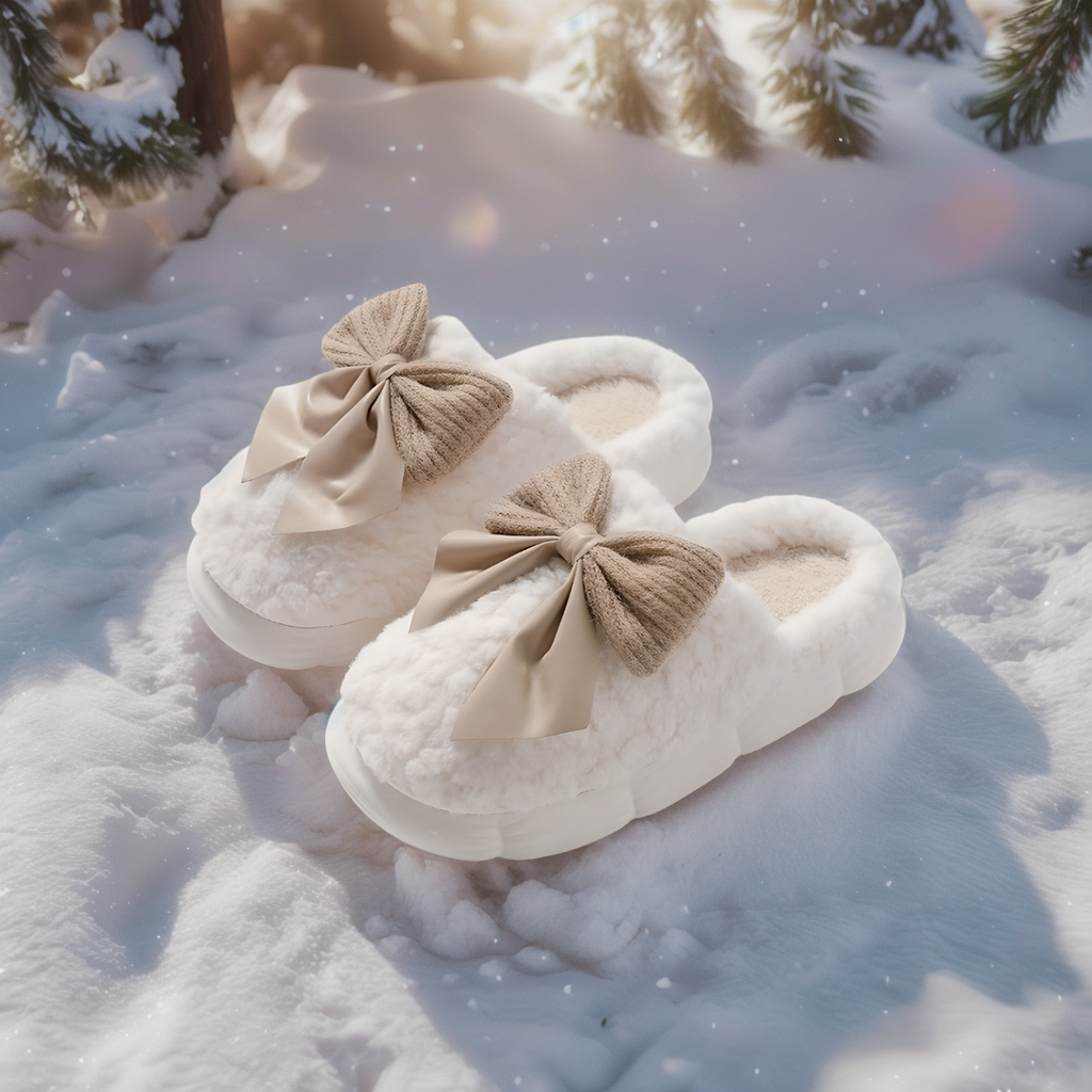 리본 털실내화 겨울 실내 슬리퍼 층간소음 방한 보온 여성 거실화 크림 화이트, FREE(One size)
