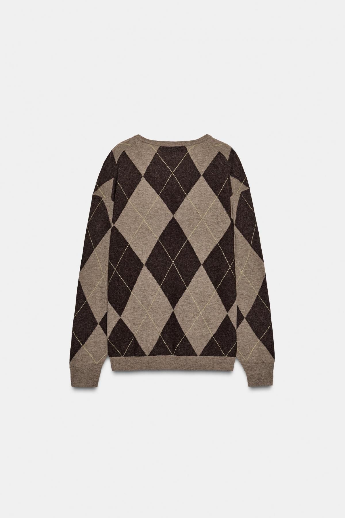 자라 아가일 패턴 울 브이넥 니트 스웨터 9598/174 BROWN / TAUPE - 상세 이미지 5