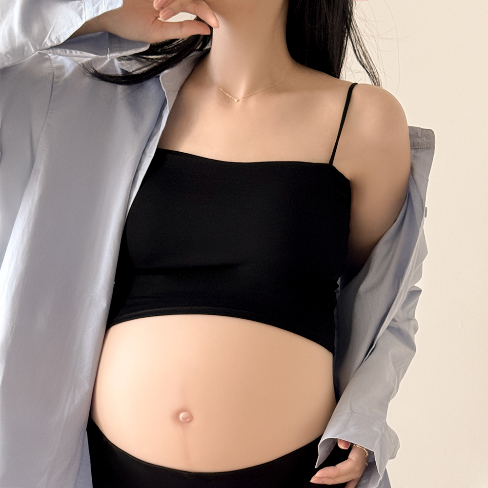 임산부 나시 크롭티 셀프 만삭 주수 사진 스냅 촬영 노브라 캡내장 브라탑 크롭 티셔츠 이미지 2