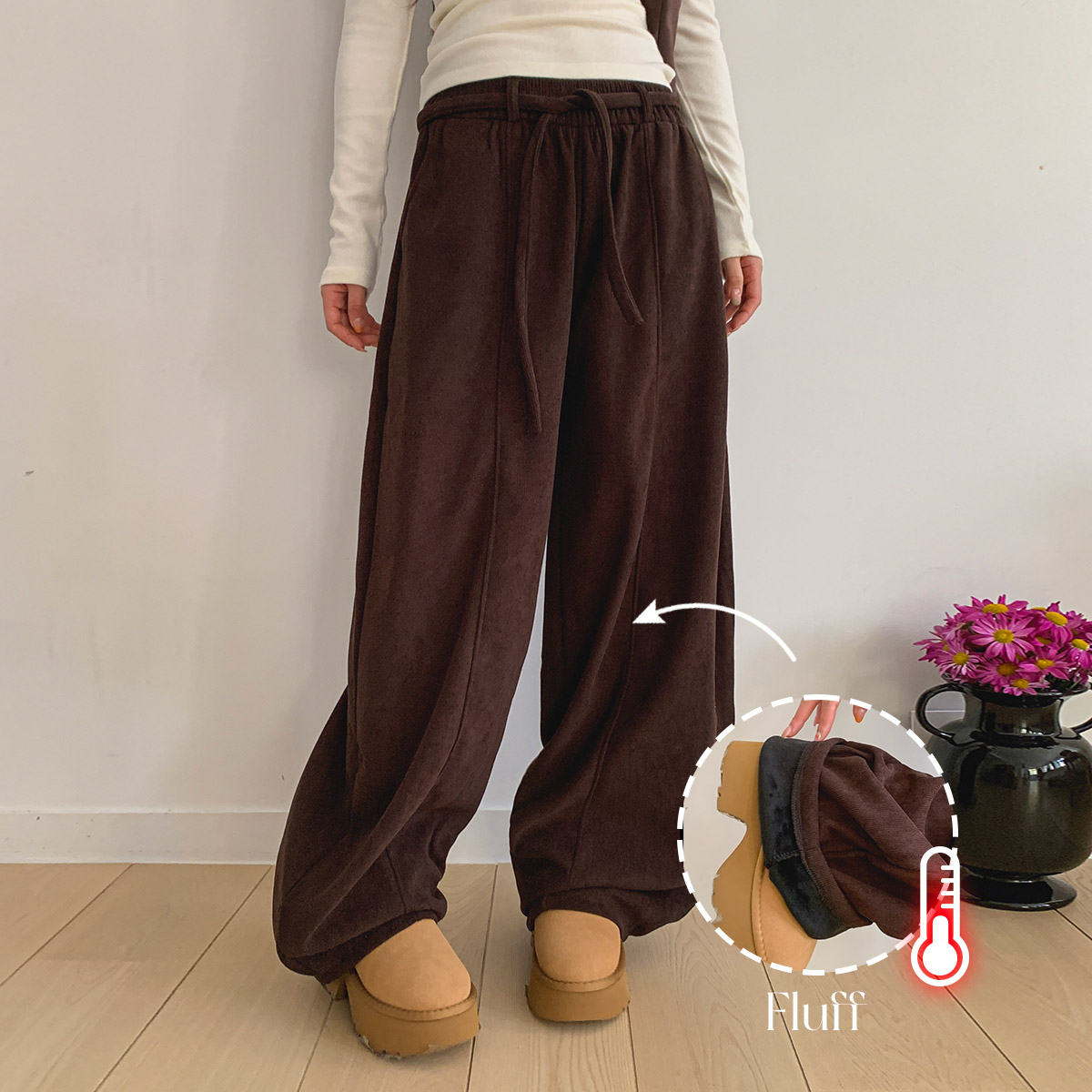 여성 와이드 기모 밴딩 팬츠 - 상세 이미지 3