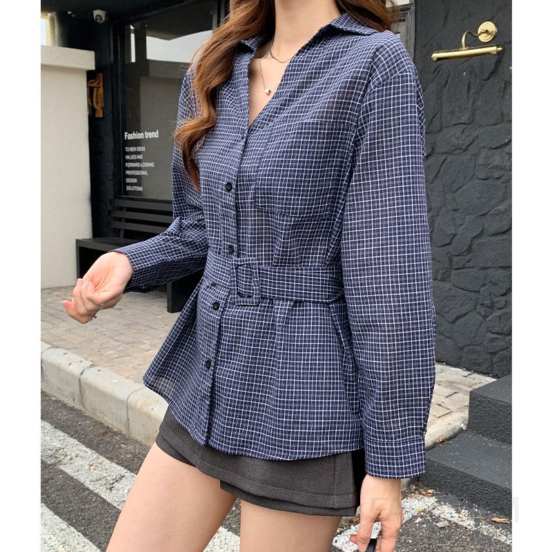 여성 카라넥 체크 벨티드 셔츠 롱 원피스 루즈핏 가을 데일리 오피스룩 간절기 빅사이즈 - 상세 이미지 3