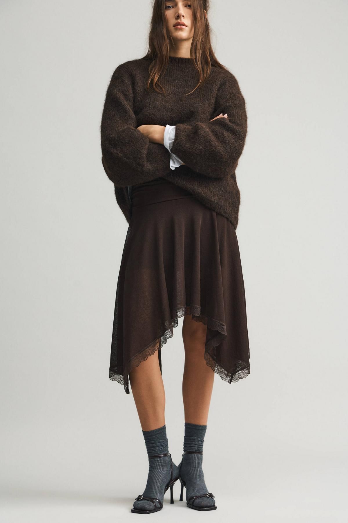 풀앤베어 레이스 언밸런스 미디 스커트 3385/305 BROWN - 상세 이미지 4