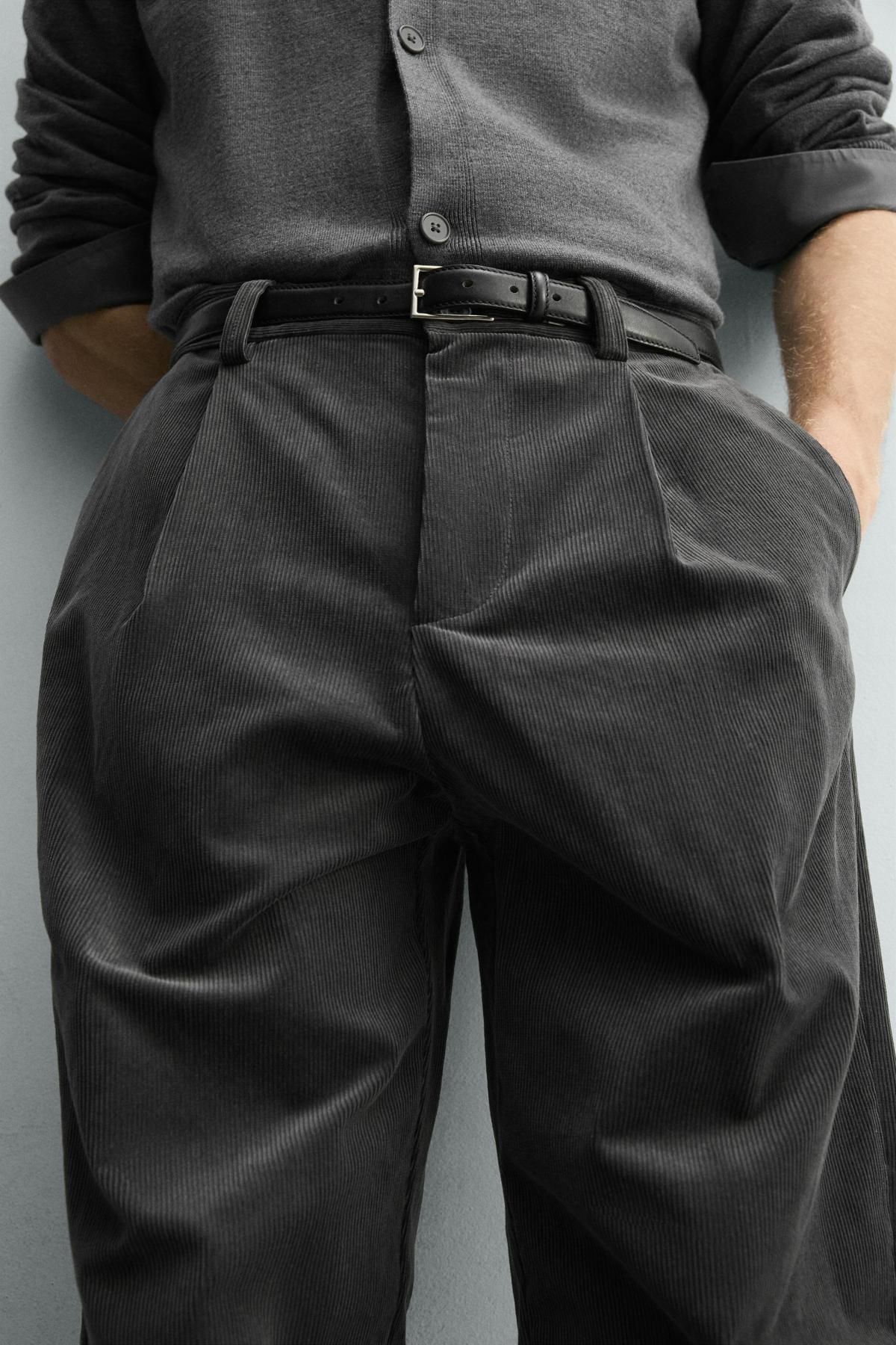 자라 코듀로이 와이드 스트레이트 플리츠 팬츠 4391/350 DARK GREY - 상세 이미지 5