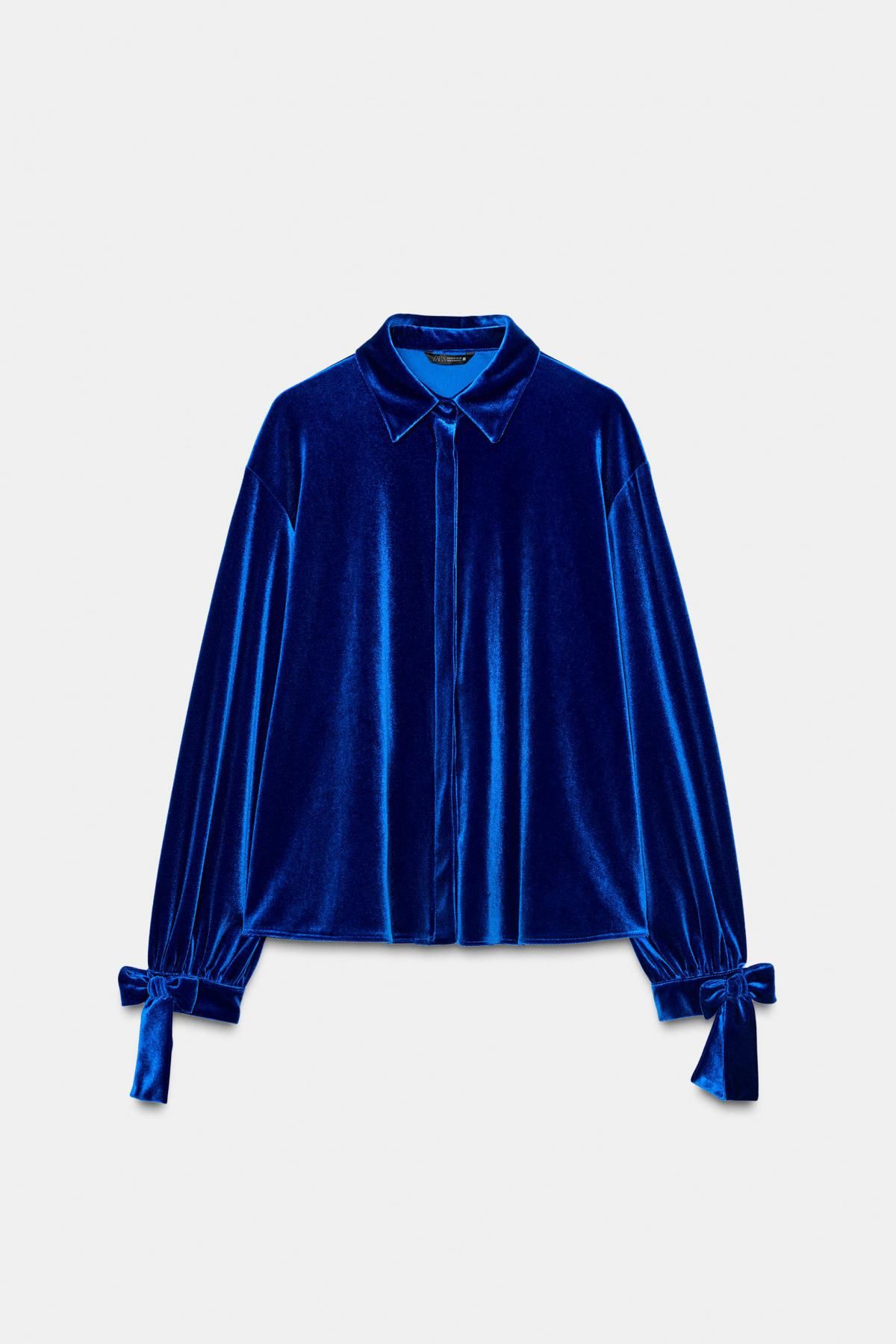 자라 벨벳 블루 긴팔 셔츠 리본 타이 9935/561 COBALT - 상품 이미지