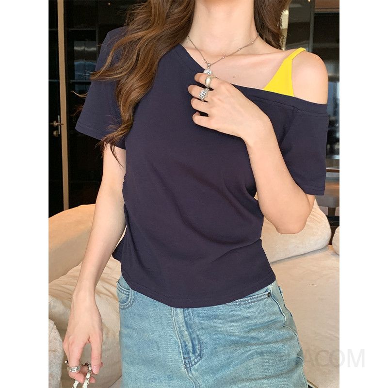 여성 인조 오프숄더 캐미솔 반팔 티셔츠 여름 라운드넥 스타일 편안한 착용감 캐주얼티셔츠 시원한 소재 - 상세 이미지 3