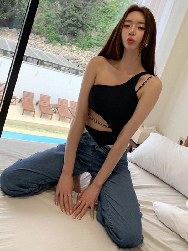 바프의상 바디프로필 촬영복 여성 원피스 수영복 체인끈 슬림핏  블랙 스타일 2 M - 상세 이미지 5