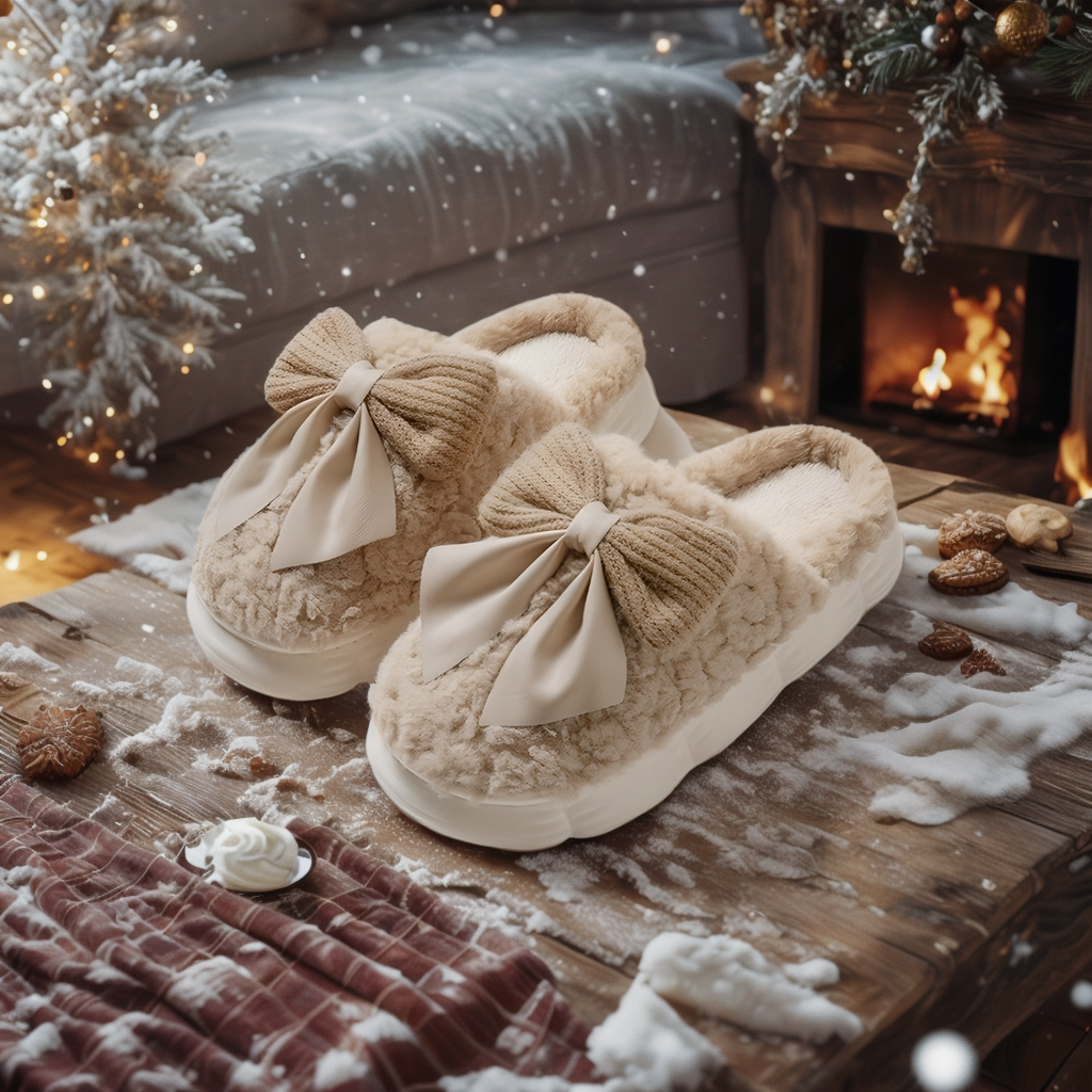 리본 털실내화 겨울 실내 슬리퍼 층간소음 방한 보온 여성 거실화 라이트브라운, FREE(One size)