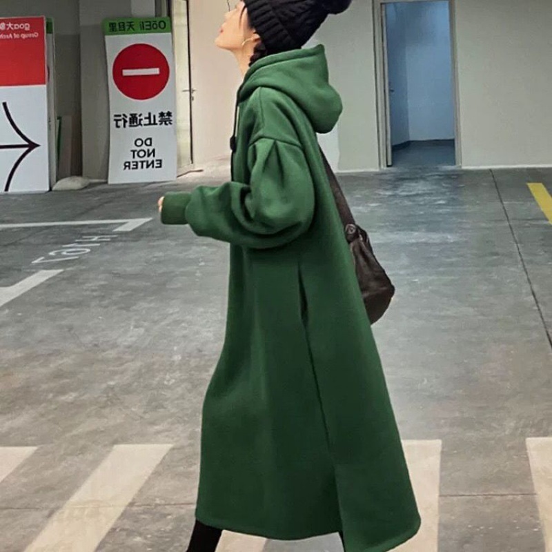 가을 겨울 루즈핏 여성 기모 일자핏 롱 후드티 원피스 - 상세 이미지 5