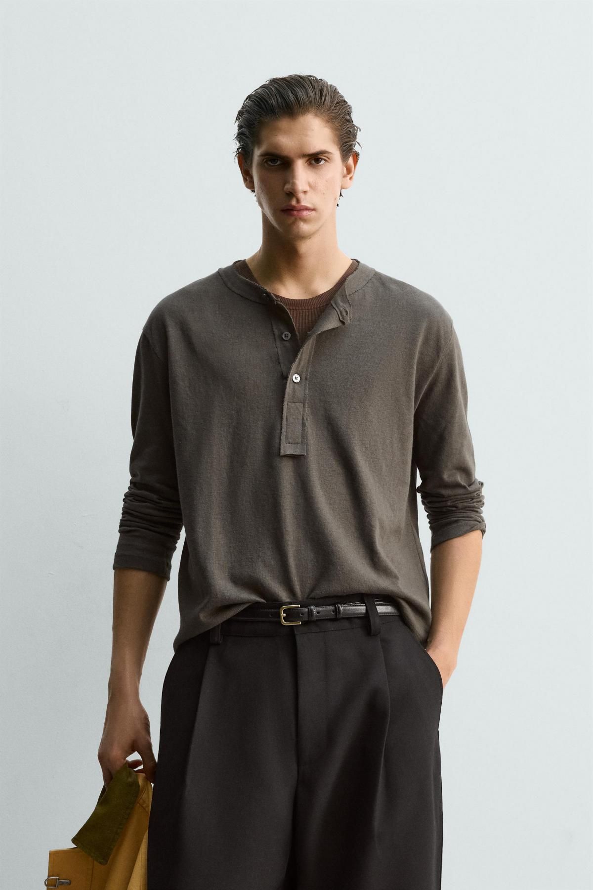 자라 테크니컬 릴랙스핏 헨리넥 긴팔 티셔츠 3992/412 OLIVE GREEN - 상세 이미지 3