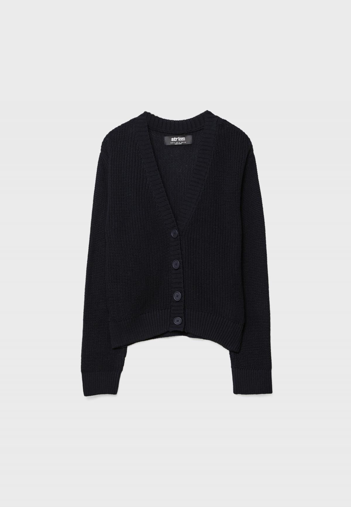 스트라디바리우스 데일리 브이넥 니트 버튼업 가디건 7549/958 BLACK - 상품 이미지