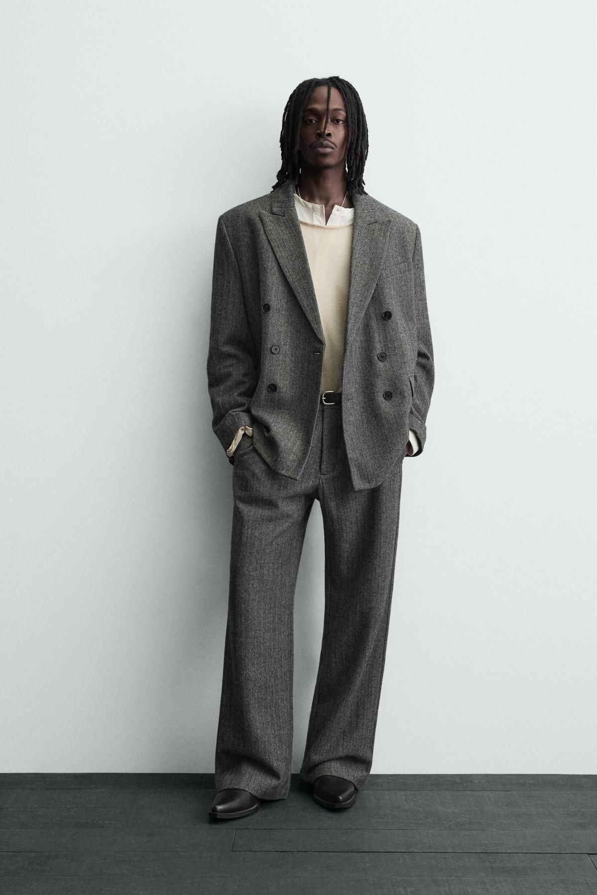 자라 헤링본 울블렌드 더블브레스트 블레이저 5070/203 GREY - 상세 이미지 2