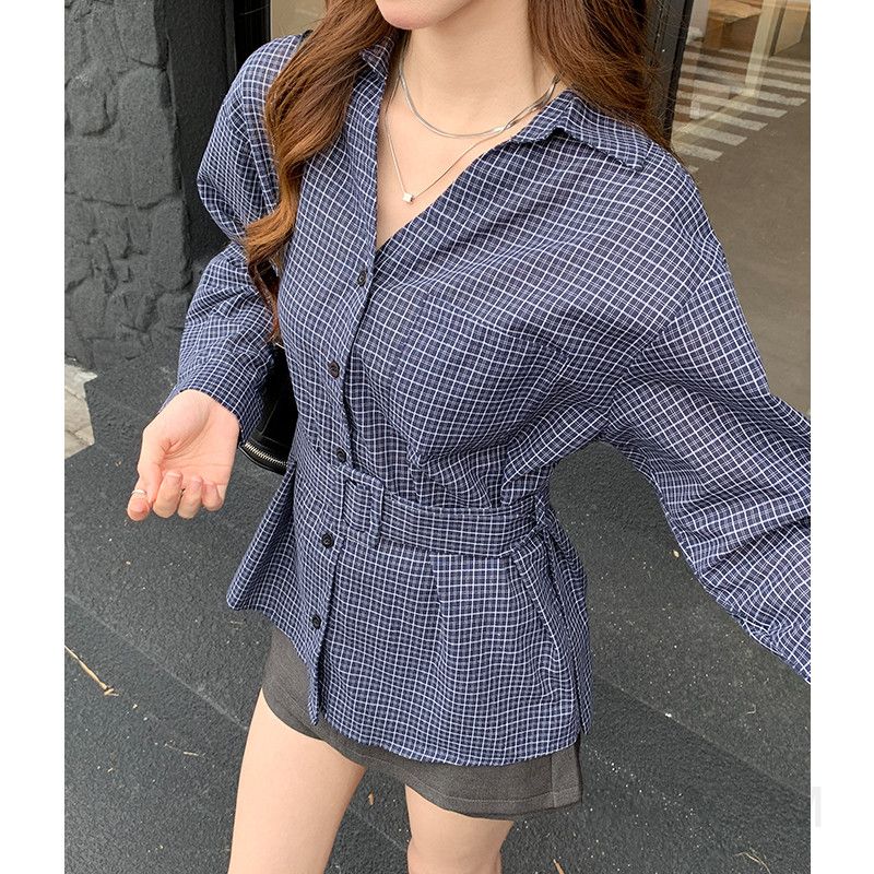 여성 카라넥 체크 벨티드 셔츠 롱 원피스 루즈핏 가을 데일리 오피스룩 간절기 빅사이즈 - 상세 이미지 2