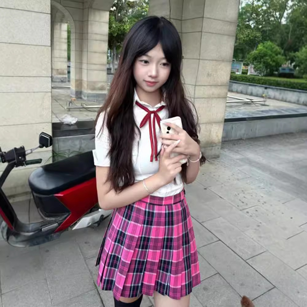 복 코스튬 jk 반팔 셔츠 플리츠 스커트 세트 학원복 스타일 스몰 로즈 36cm XS - 상세 이미지 5