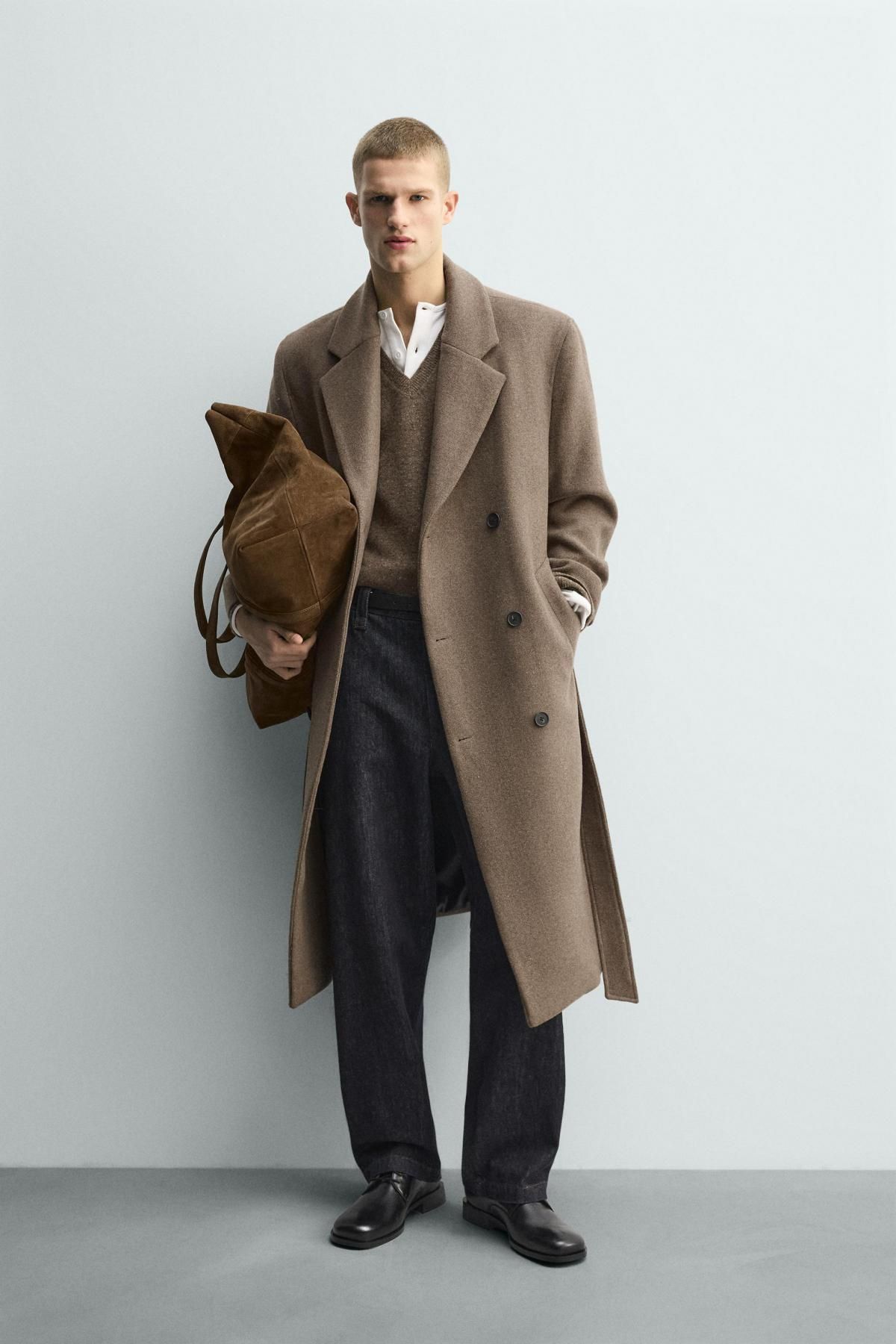자라 더블브레스트 벨트 울 코트 브라운 2949/150 MINK - 상세 이미지 2