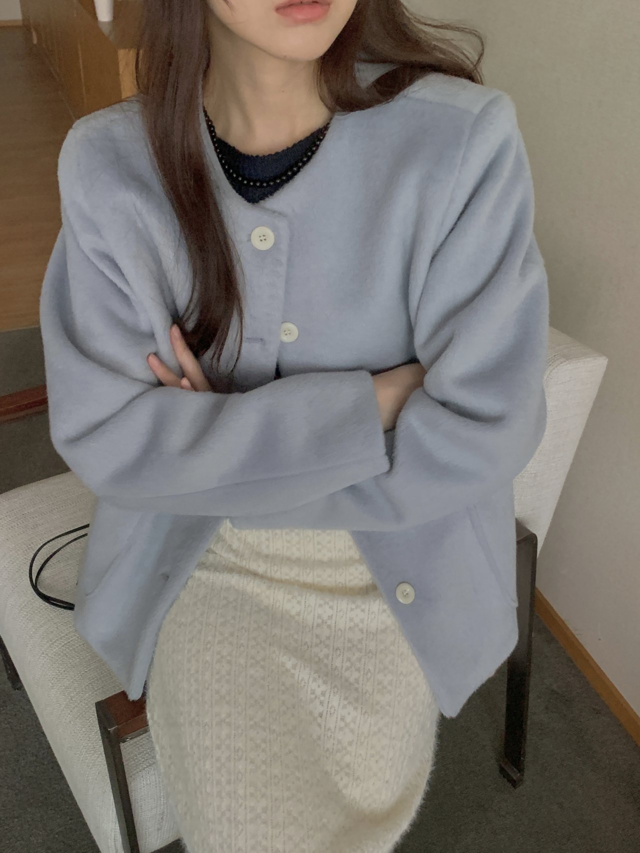 오버무드 겨울 두꺼운 라운드 노카라 울 30 혼방 하객룩 데이트룩 베이직 자켓 4color - 상품 이미지