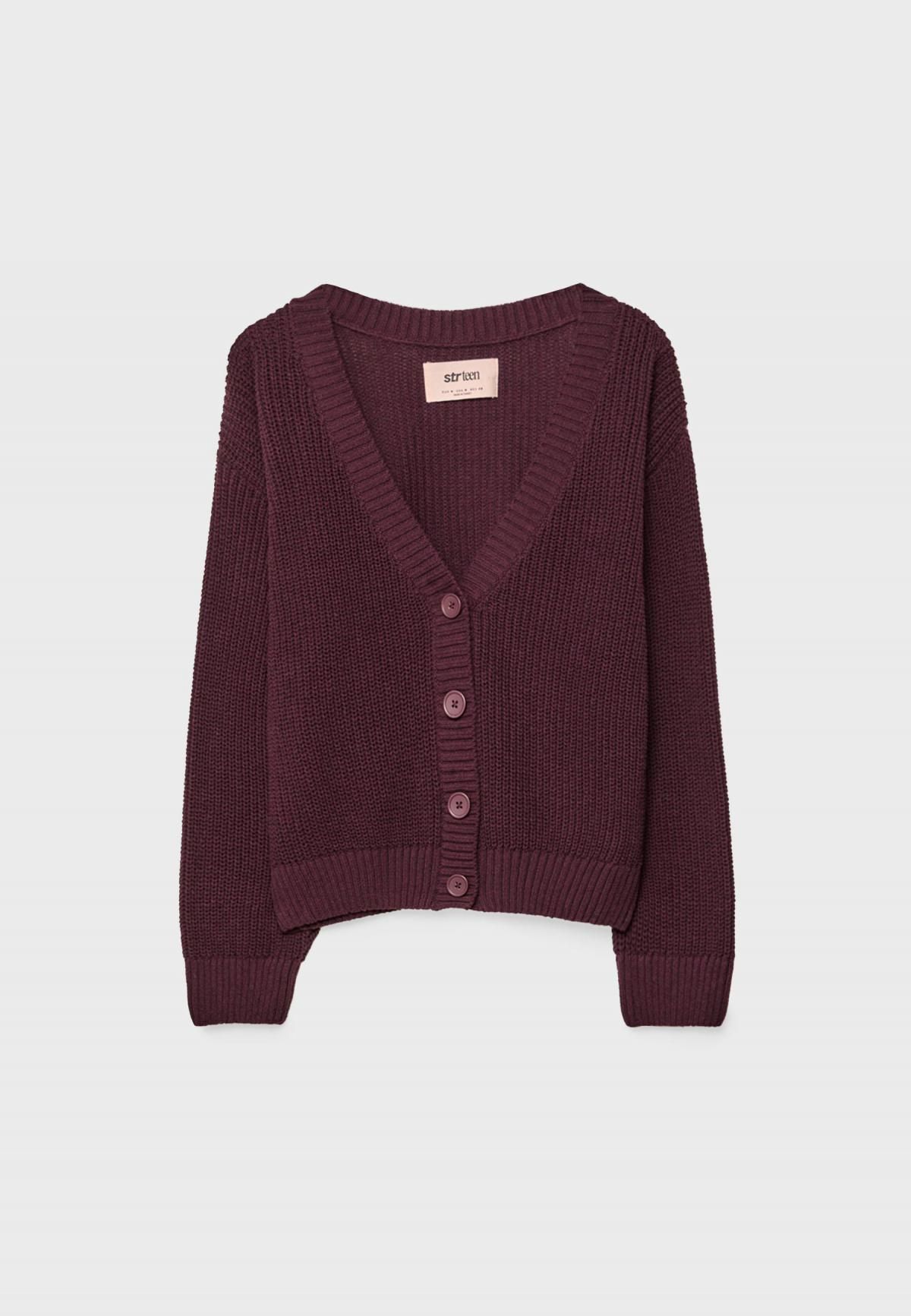 스트라디바리우스 버건디 브이넥 버튼업 니트 가디건 7549/958 BURGUNDY - 상품 이미지