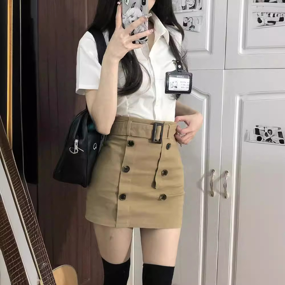 여성 여름 화이트 셔츠 스커트 세트 웨이스트 JK 스타일 신상 카키 버튼 펜슬 스커트 XS - 상세 이미지 3