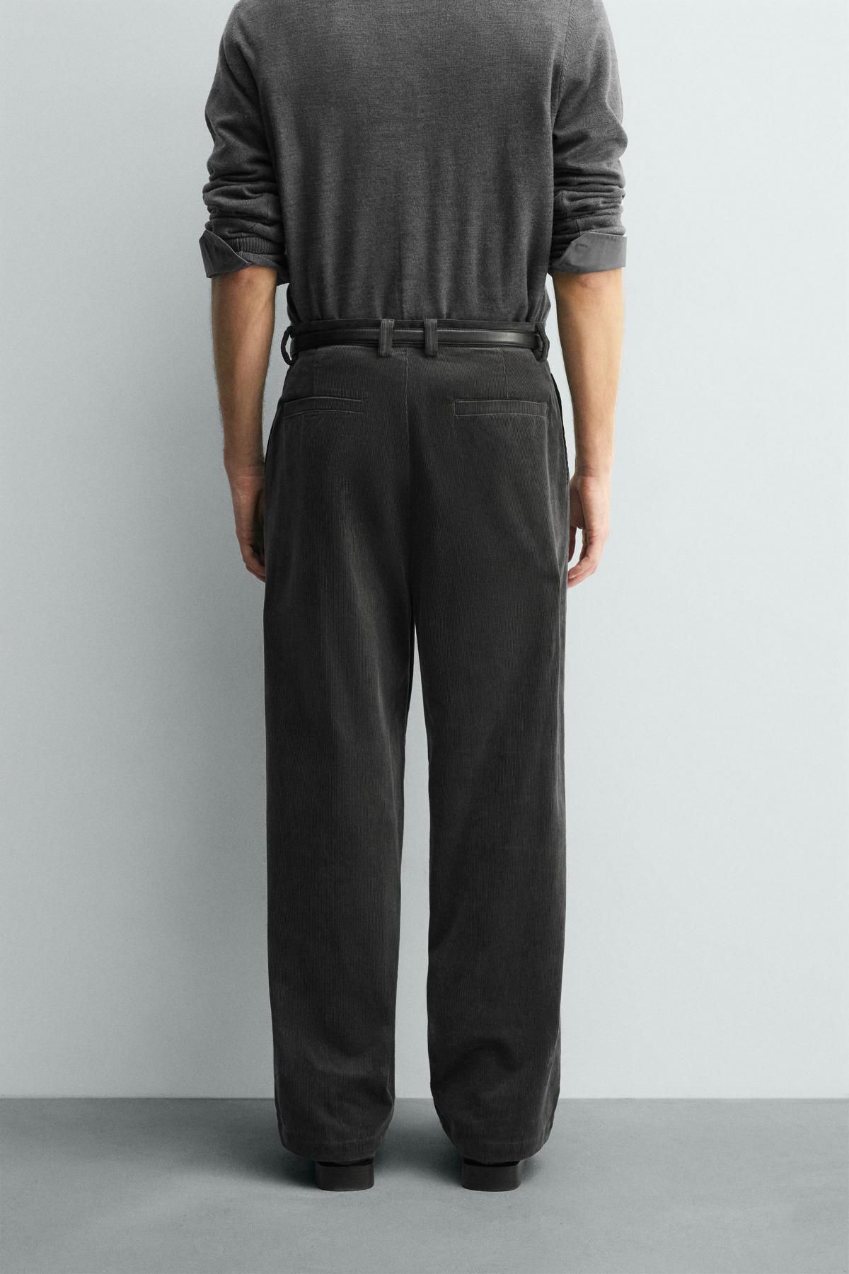 자라 코듀로이 와이드 스트레이트 플리츠 팬츠 4391/350 DARK GREY - 상세 이미지 3