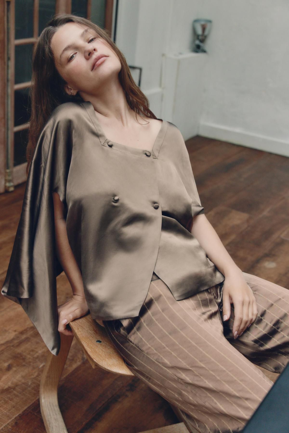 자라 실키 스트라이프 파자마 와이드 팬츠 9466/847 CAMEL - 상세 이미지 3