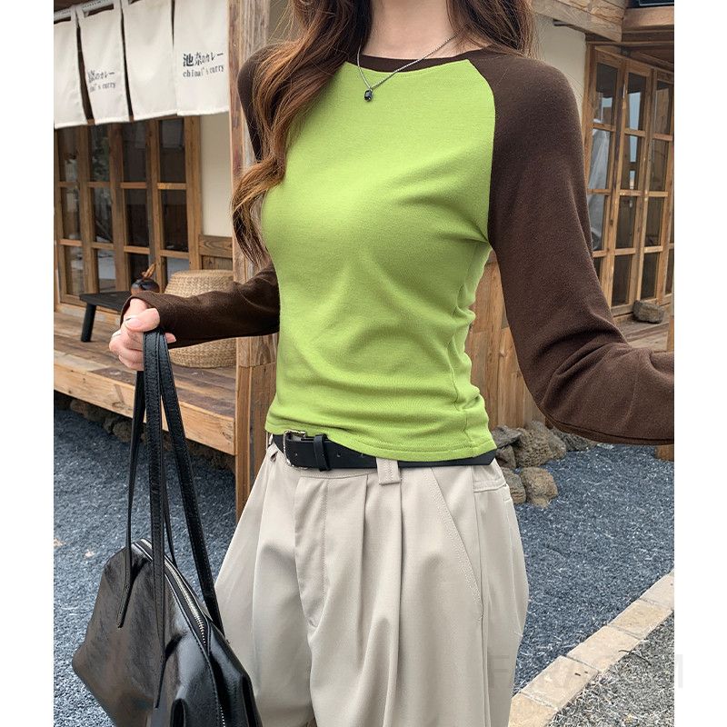 여성 긴팔라운드티셔츠 아메리칸 스타일 컬러 블로킹 캐주얼 초가을 레이어드티셔츠 편안한 착용감 패션 - 상세 이미지 2