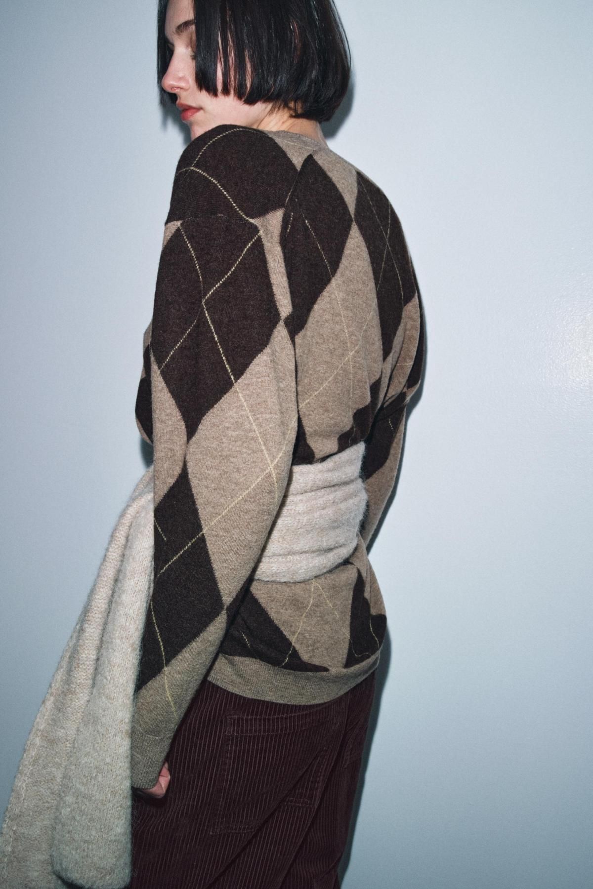 자라 아가일 패턴 울 브이넥 니트 스웨터 9598/174 BROWN / TAUPE - 상세 이미지 4