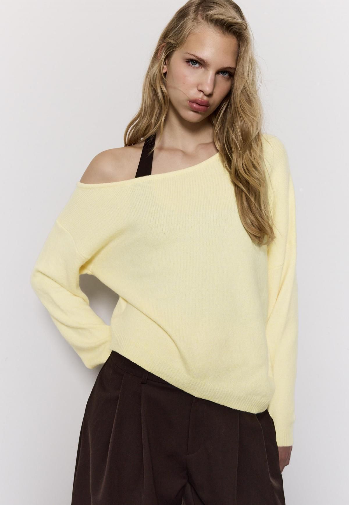 스트라디바리우스 비대칭 보트넥 니트 스웨터 8537/650 PASTEL YELLOW - 상세 이미지 5
