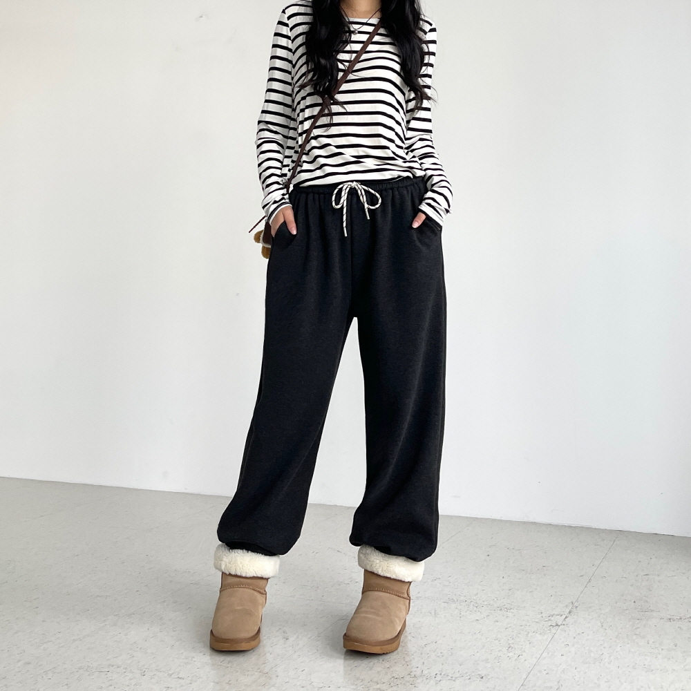 융기모바지 여성 겨울 밴딩 세미와이드 일자핏 통바지 베이지 차콜 블랙 웜가드 융기모팬츠 - 상세 이미지 5