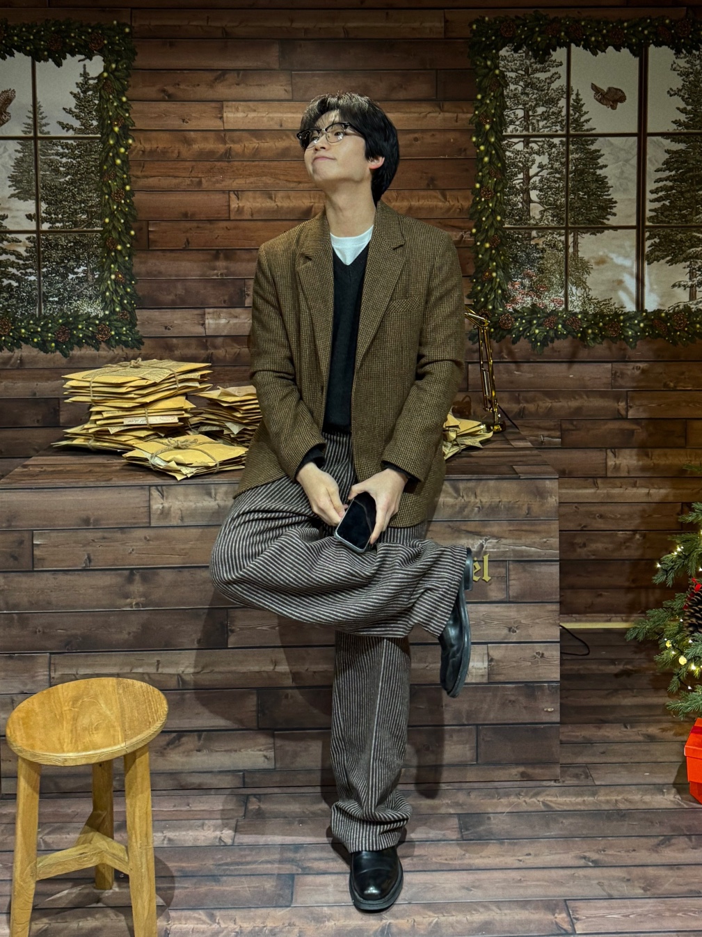 (남녀공용) 프리미엄 윈터 태디 울 체크 블레이저 / 가을 겨울 오버 루즈 대디 자켓 - 상세 이미지 4
