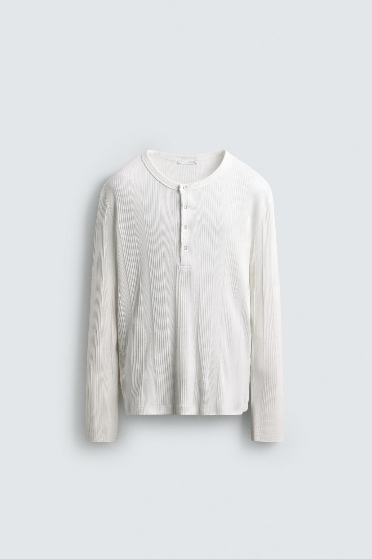 자라 텍스처 헨리넥 코튼 긴팔 티셔츠 화이트 5372/366 WHITE - 메인 이미지