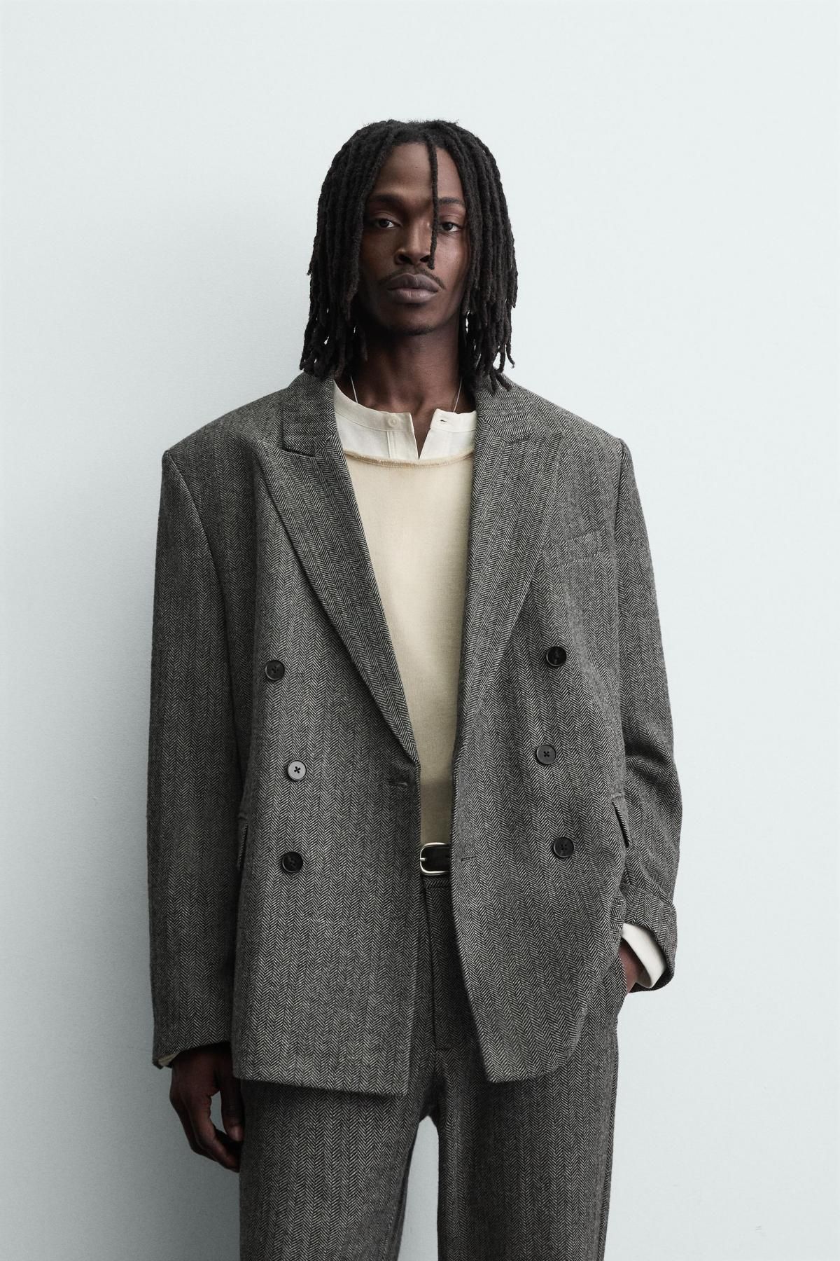 자라 헤링본 울블렌드 더블브레스트 블레이저 5070/203 GREY - 상세 이미지 3