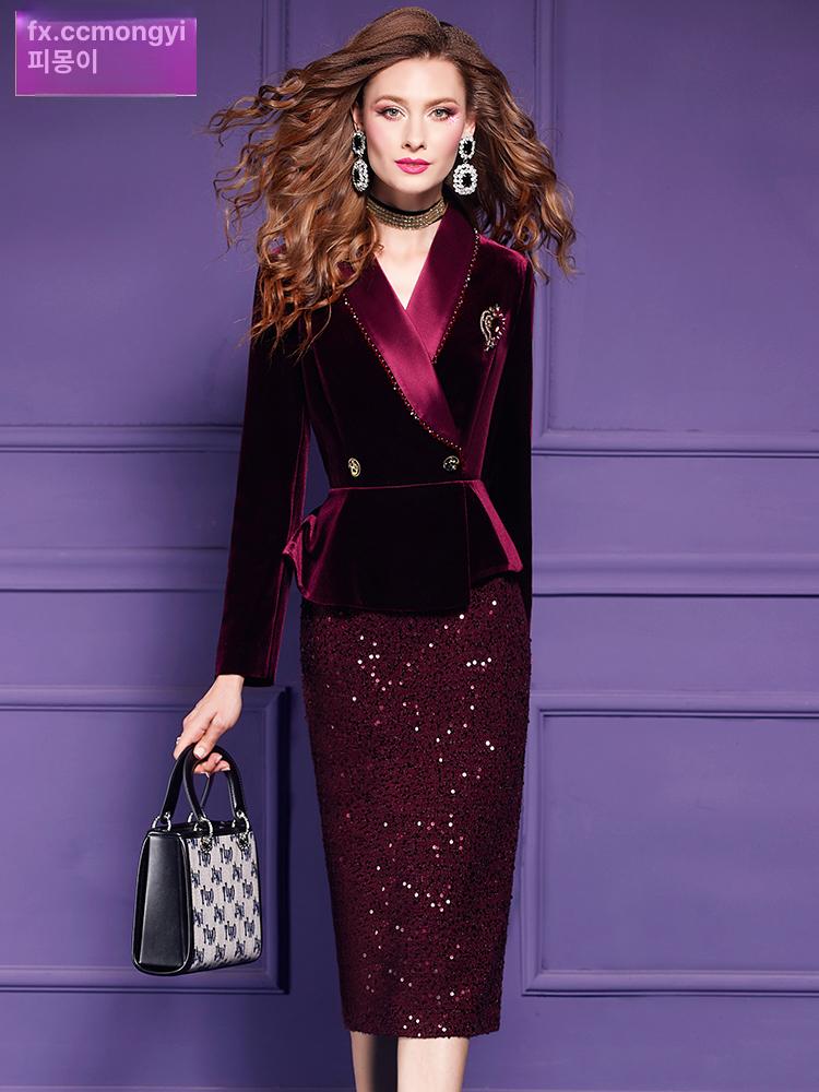 럭셔리 와인 레드 벨벳 겨울 결혼식 하객룩 드레스 진주 장식 여성 오피스 슬림핏  와인레드 S