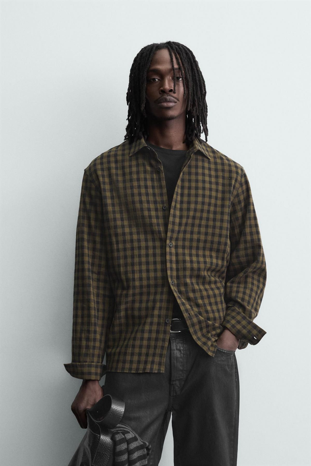 자라 테크니컬 체크 릴랙스핏 긴팔 셔츠 4034/119 DARK BROWN - 상세 이미지 3