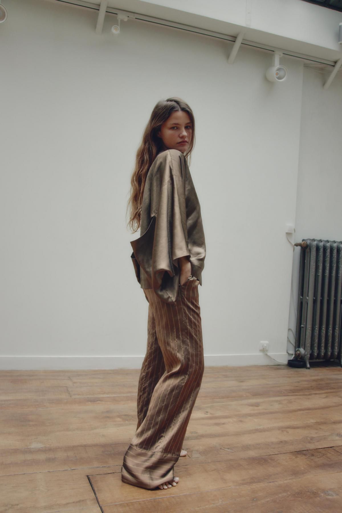 자라 실키 스트라이프 파자마 와이드 팬츠 9466/847 CAMEL - 상세 이미지 4