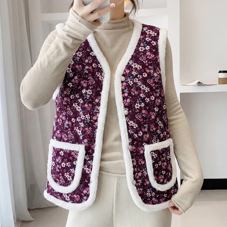 우루 꽃무늬 할머니 김장 경량 퀼팅 조끼 누빔 털조끼 4color 레트로 제니 촌캉스 보온 - 메인 이미지