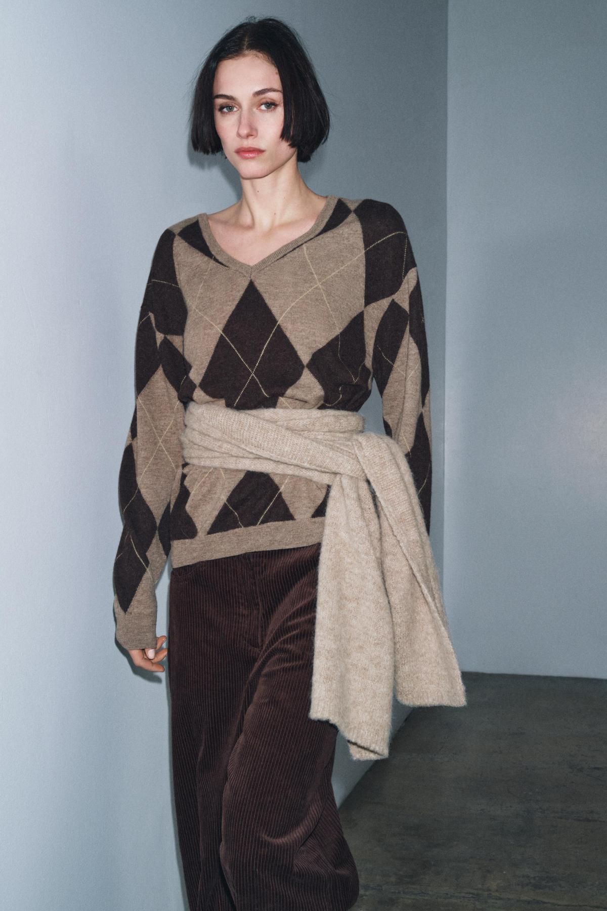 자라 아가일 패턴 울 브이넥 니트 스웨터 9598/174 BROWN / TAUPE - 상세 이미지 3