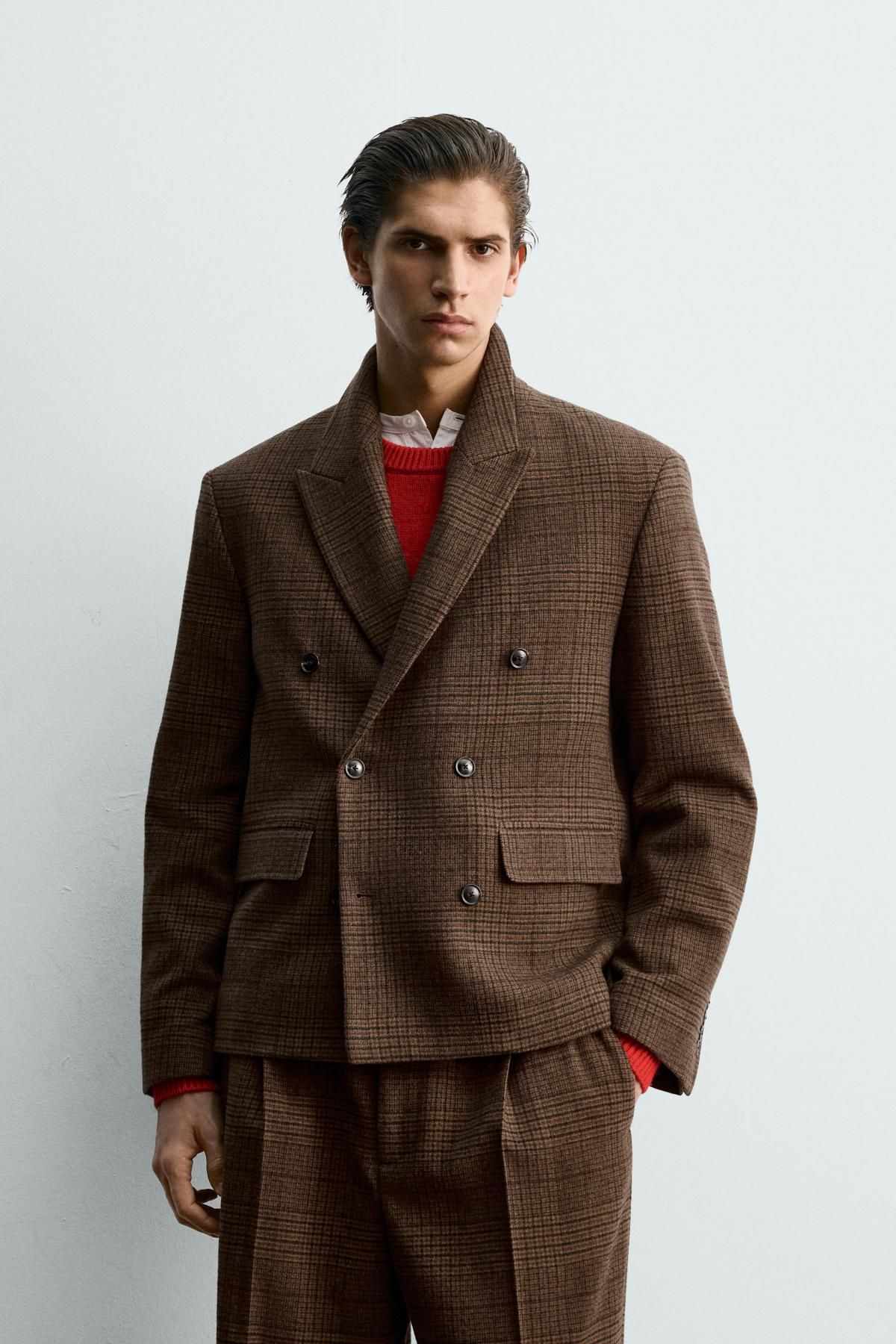 자라 박시핏 체크 더블브레스트 블레이저 9957/111 BROWN - 상세 이미지 3