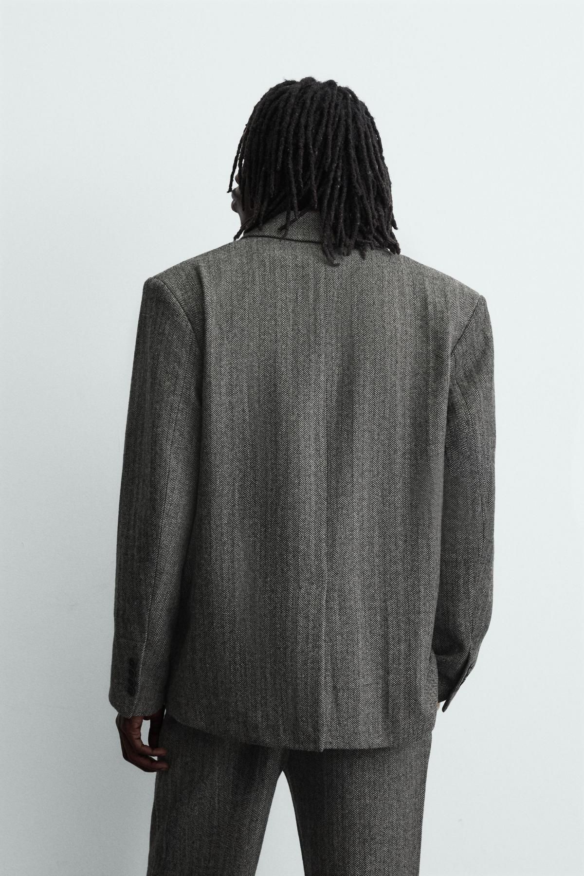 자라 헤링본 울블렌드 더블브레스트 블레이저 5070/203 GREY - 상세 이미지 4
