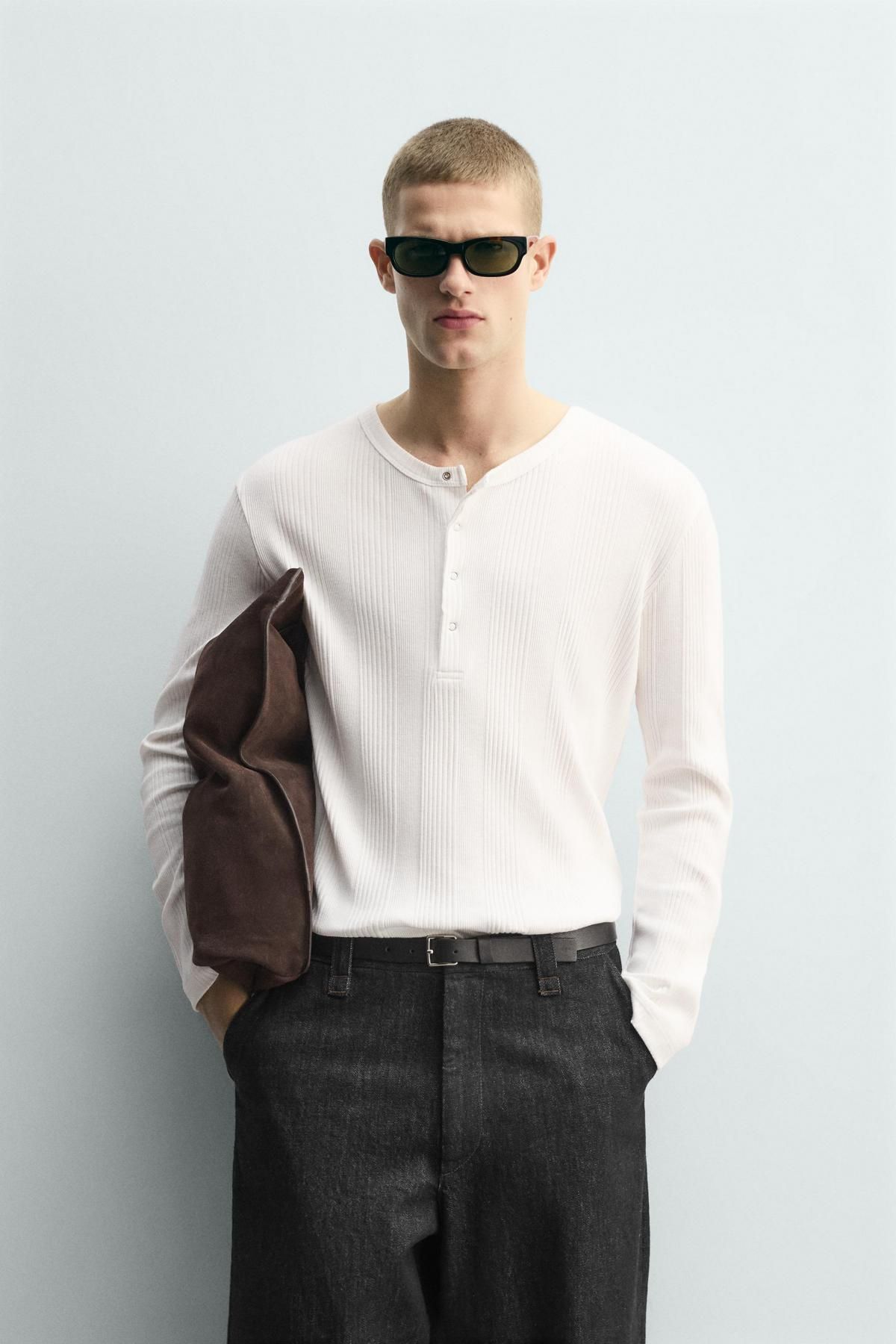 자라 텍스처 헨리넥 코튼 긴팔 티셔츠 화이트 5372/366 WHITE - 상세 이미지 3