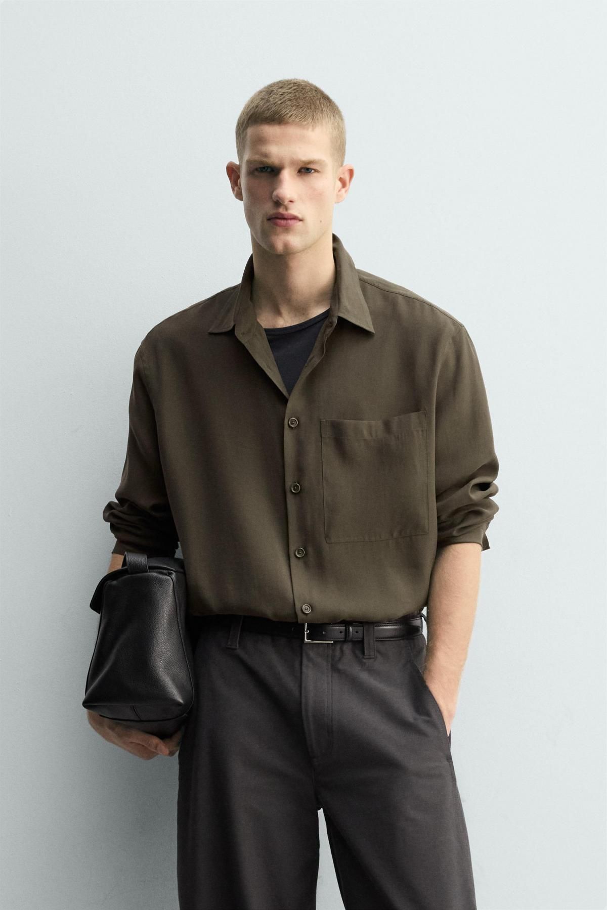 자라 모달 블렌드 루즈핏 긴팔 셔츠 포켓 4038/519 KHAKI - 상세 이미지 3