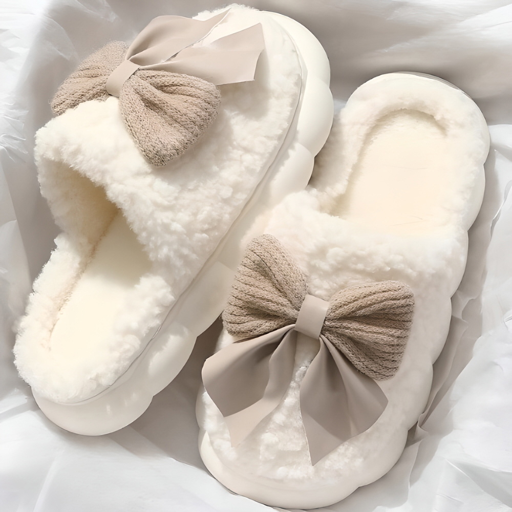리본 털실내화 겨울 실내 슬리퍼 층간소음 방한 보온 여성 거실화 라이트브라운, FREE(One size)