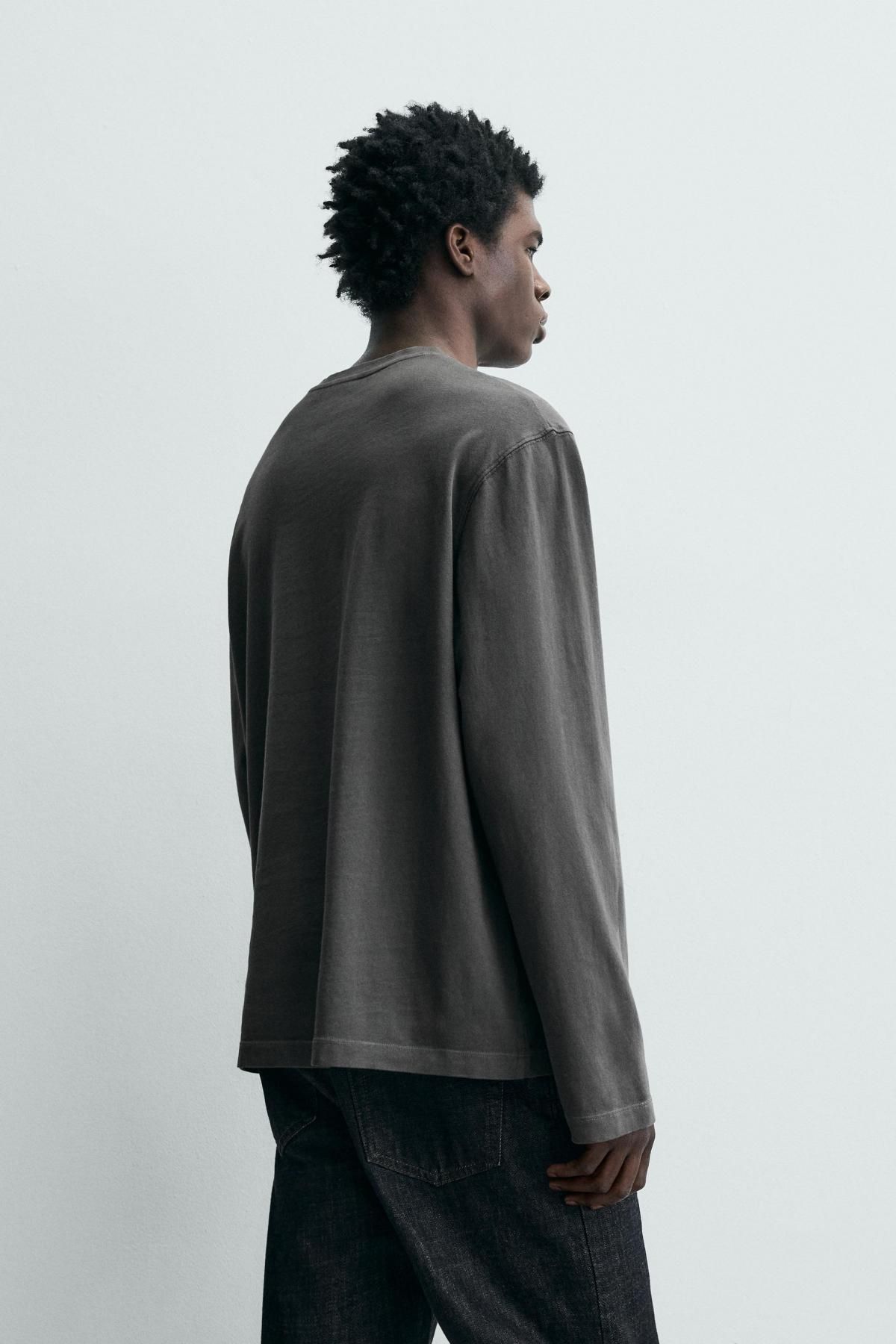 자라 미니멀 코튼 레귤러핏 긴팔 티셔츠 1887/408 ANTHRACITE GREY - 상세 이미지 4