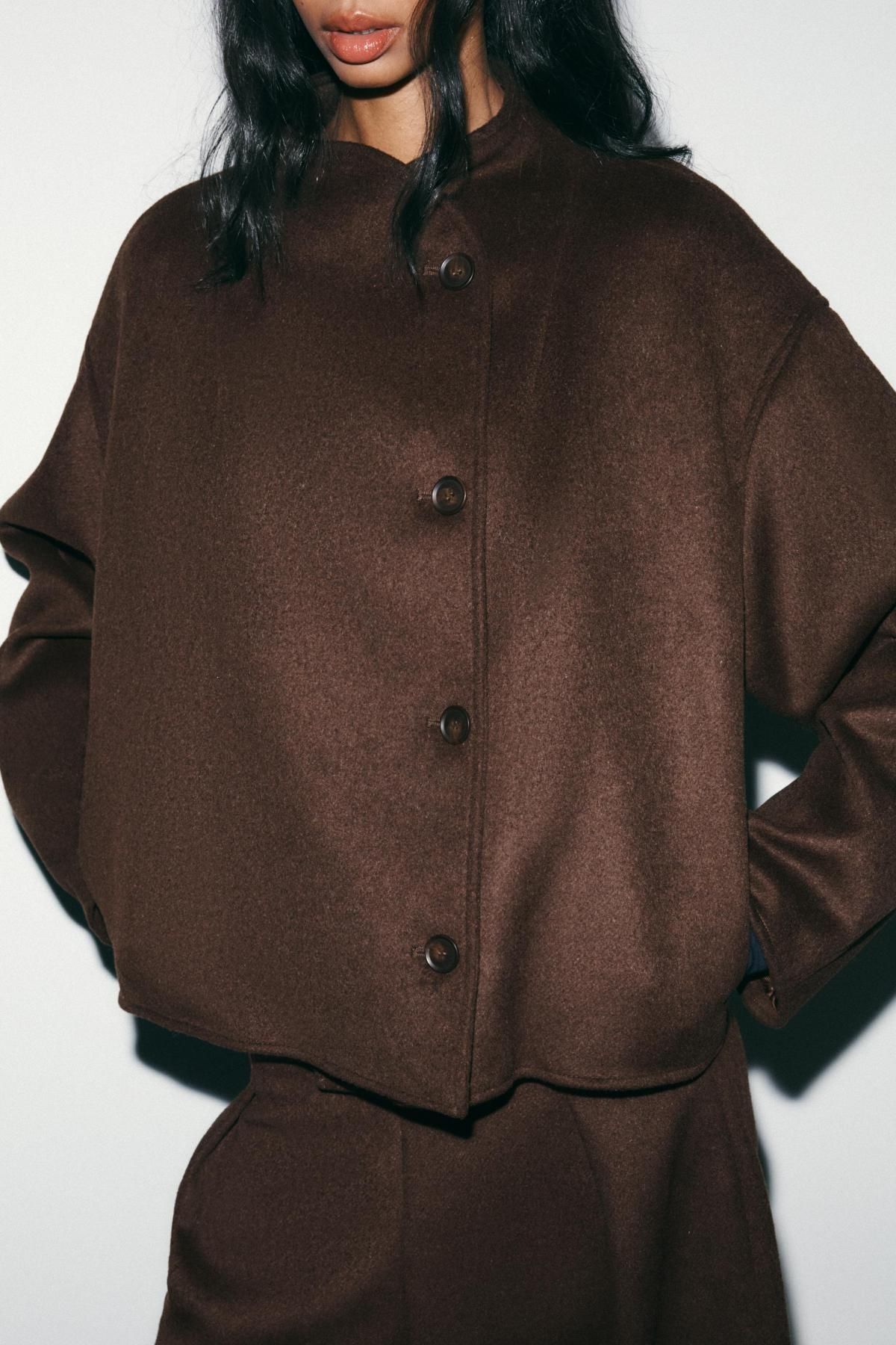 자라 소프트 울 크로스 하이넥 재킷 1255/894 DARK BROWN - 상세 이미지 5