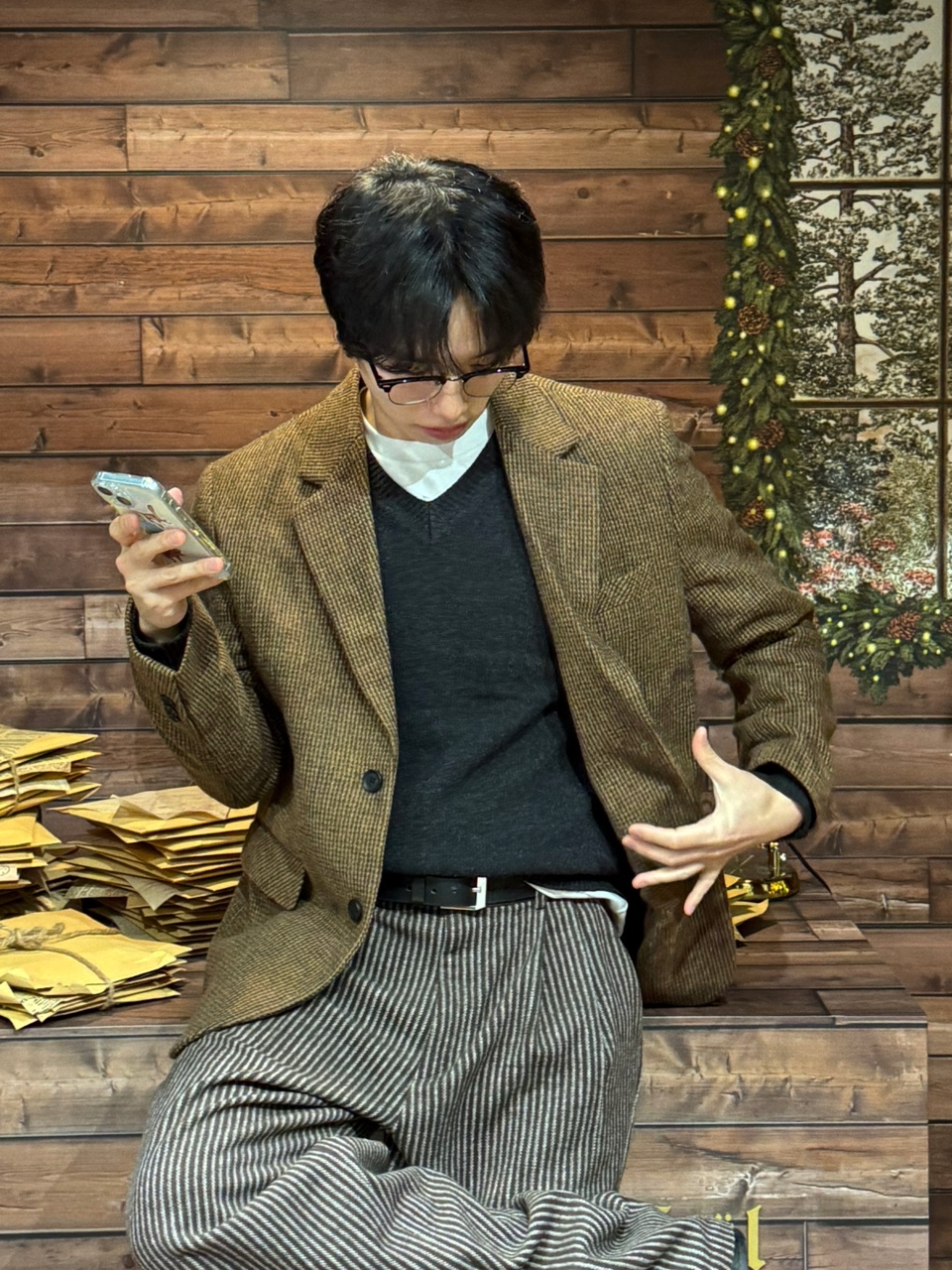 (남녀공용) 프리미엄 윈터 태디 울 체크 블레이저 / 가을 겨울 오버 루즈 대디 자켓 - 상세 이미지 2