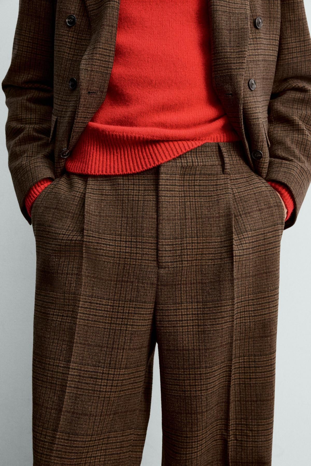 자라 체크 테크니컬 울 블렌드 와이드핏 플리츠 슬랙스 팬츠 9958/111 BROWN - 상세 이미지 5