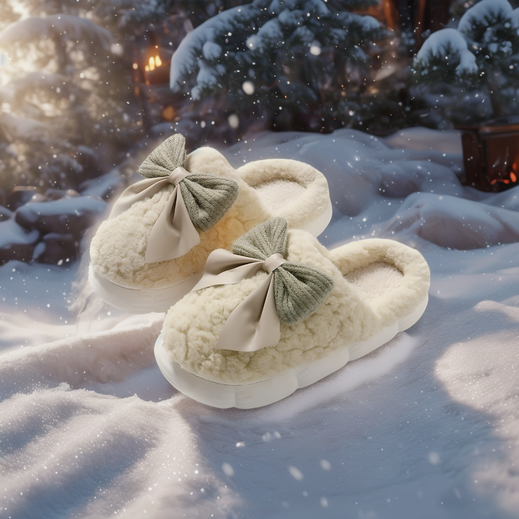 리본 털실내화 겨울 실내 슬리퍼 층간소음 방한 보온 여성 거실화 라이트그린, FREE(One size)