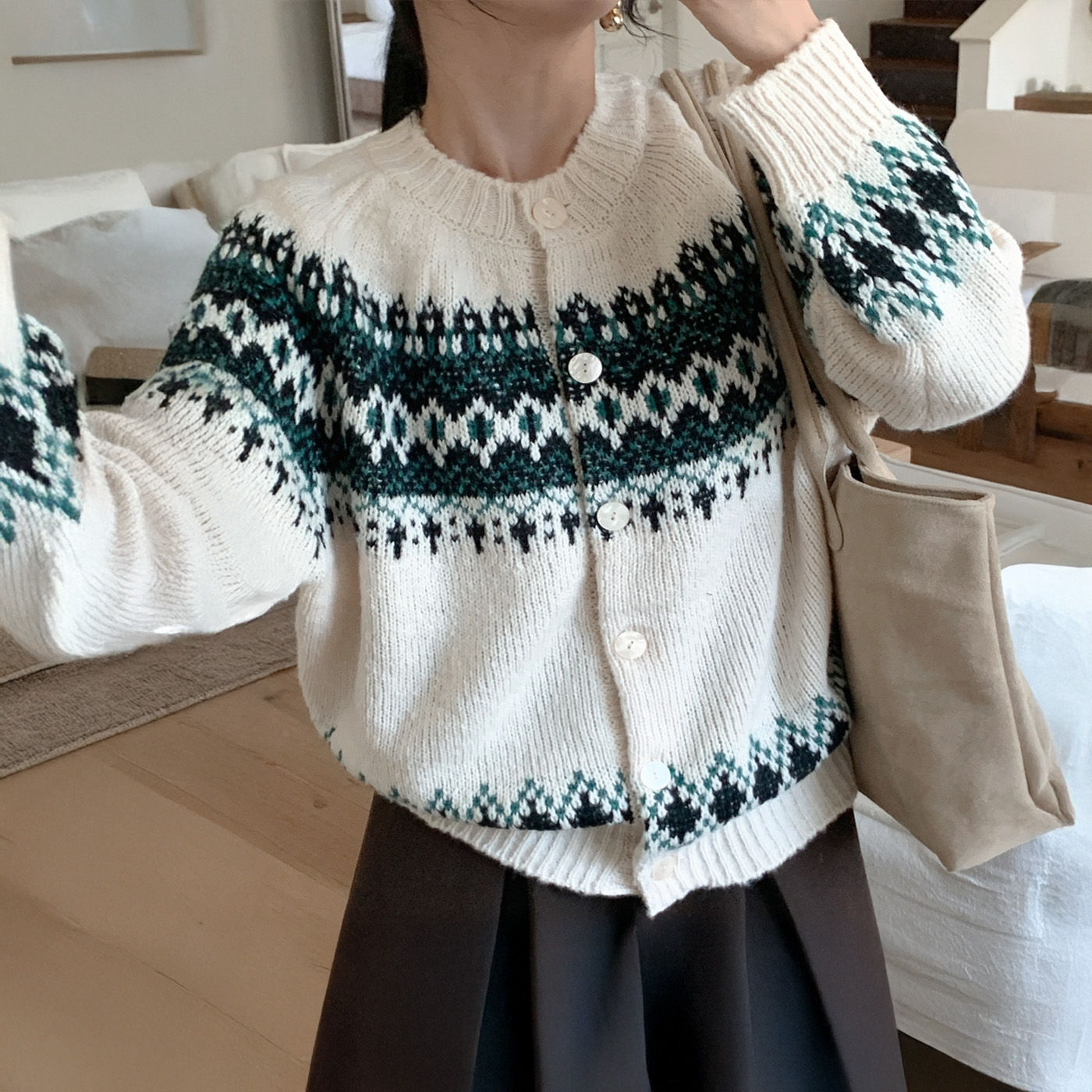 노르딕가디건 크리스마스가디건 노르딕아우터 울혼방카디건 라운드넥니트아우터 오버핏겨울카디건 이미지 7