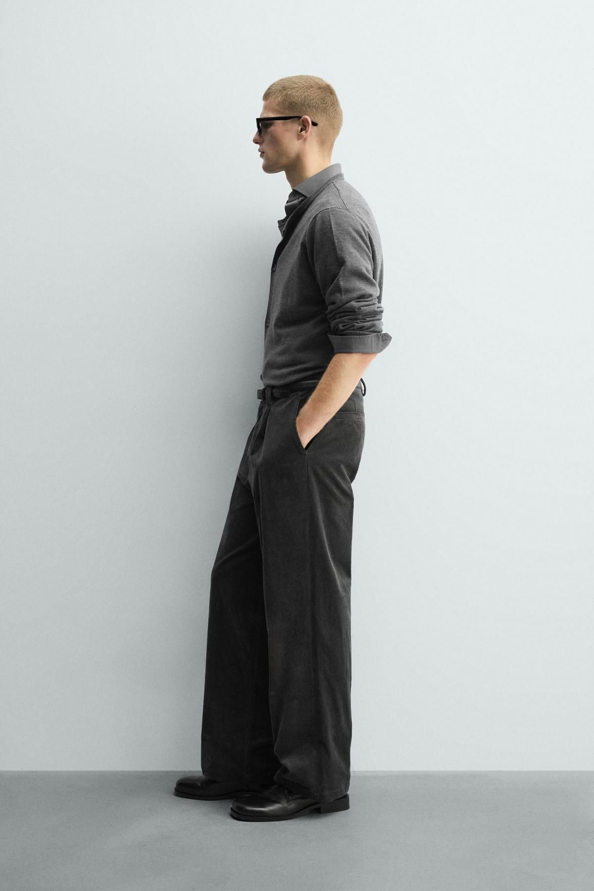 자라 코듀로이 와이드 스트레이트 플리츠 팬츠 4391/350 DARK GREY - 상세 이미지 4