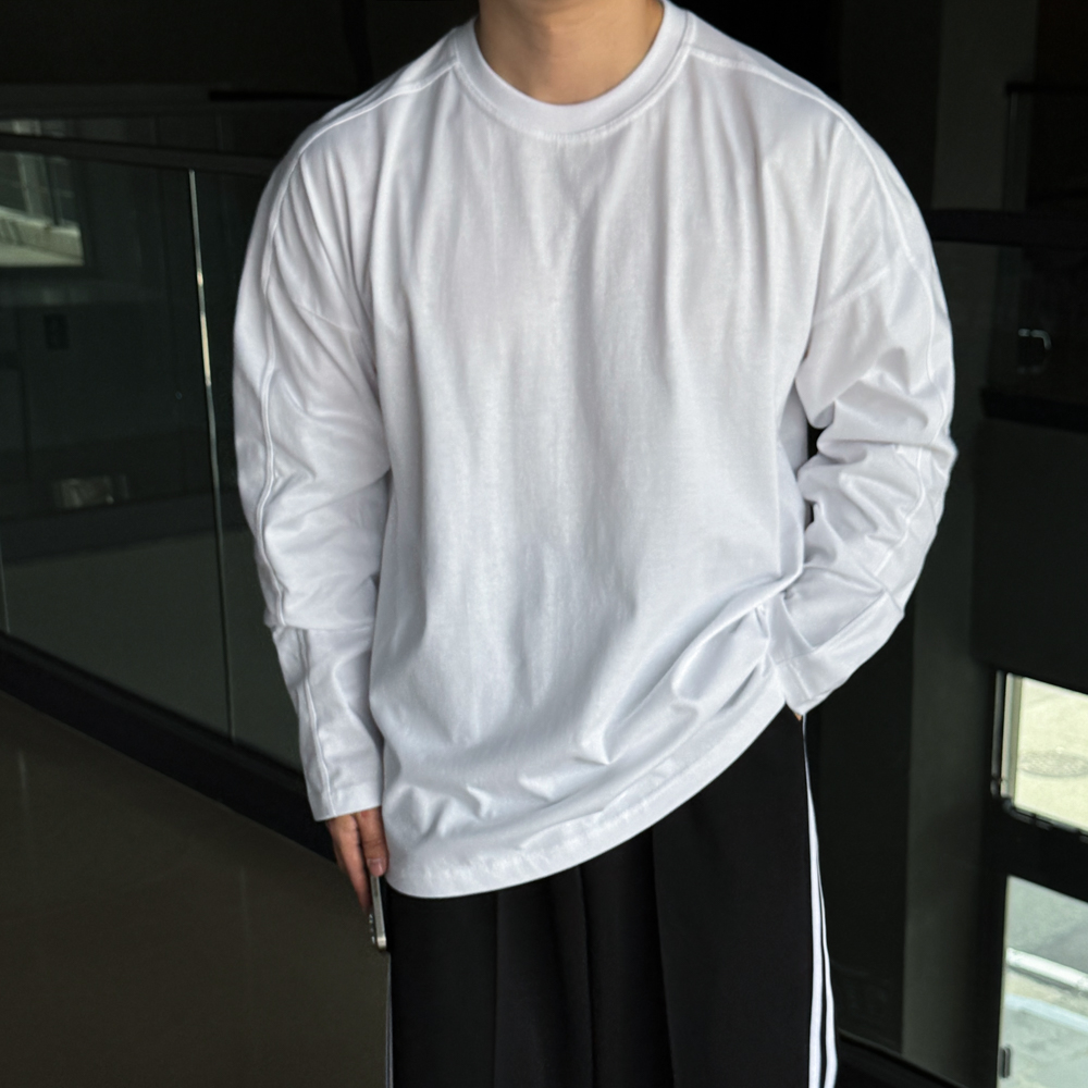 남자 절개 오버핏 두꺼운 안비치는 긴팔 티셔츠 - 메인 이미지